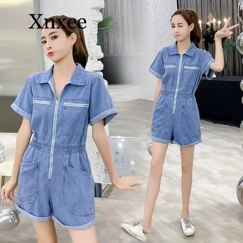 

2020 New Summer Sexy V-neck Denim Women Playsuit Short Sleeve Zipper Jumpsuit Chic Party Club Rompers Ladies Jeans Overalls