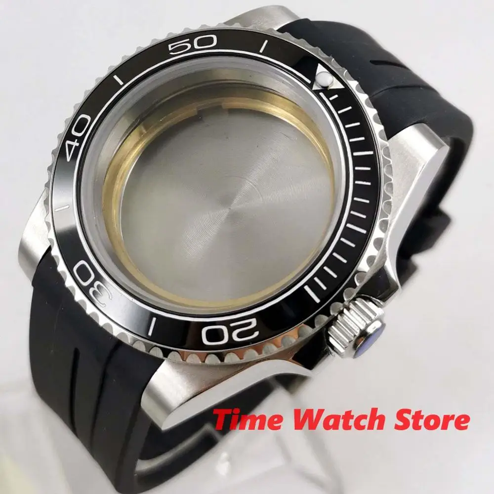 40mm Watch Case Sapphire glass black ceramic bezel stainless steel with rubber strap fit ETA 2836 Miyota 8215 DG 3804 movement