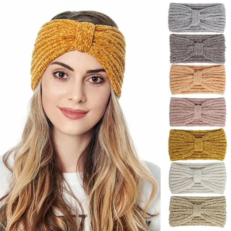 

Women Winter Chenille Knitted Headband Solid Color Knotted Center Elastic Hairband Crochet Striped Ear Warmer Turban