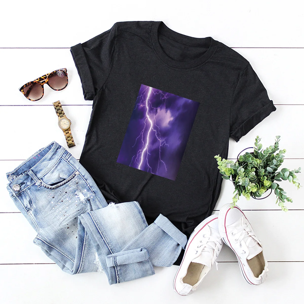

2021 Summer Women Harajuku T-Shirt Lightning Print T-Shirt Cotton Streetwear O Neck Short Sleeve Tee Shirt Oversized Tees Tops