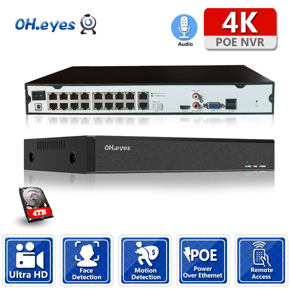 

Сетевой видеорегистратор 4K, 16 каналов, 48 В, H.265 + 16 каналов