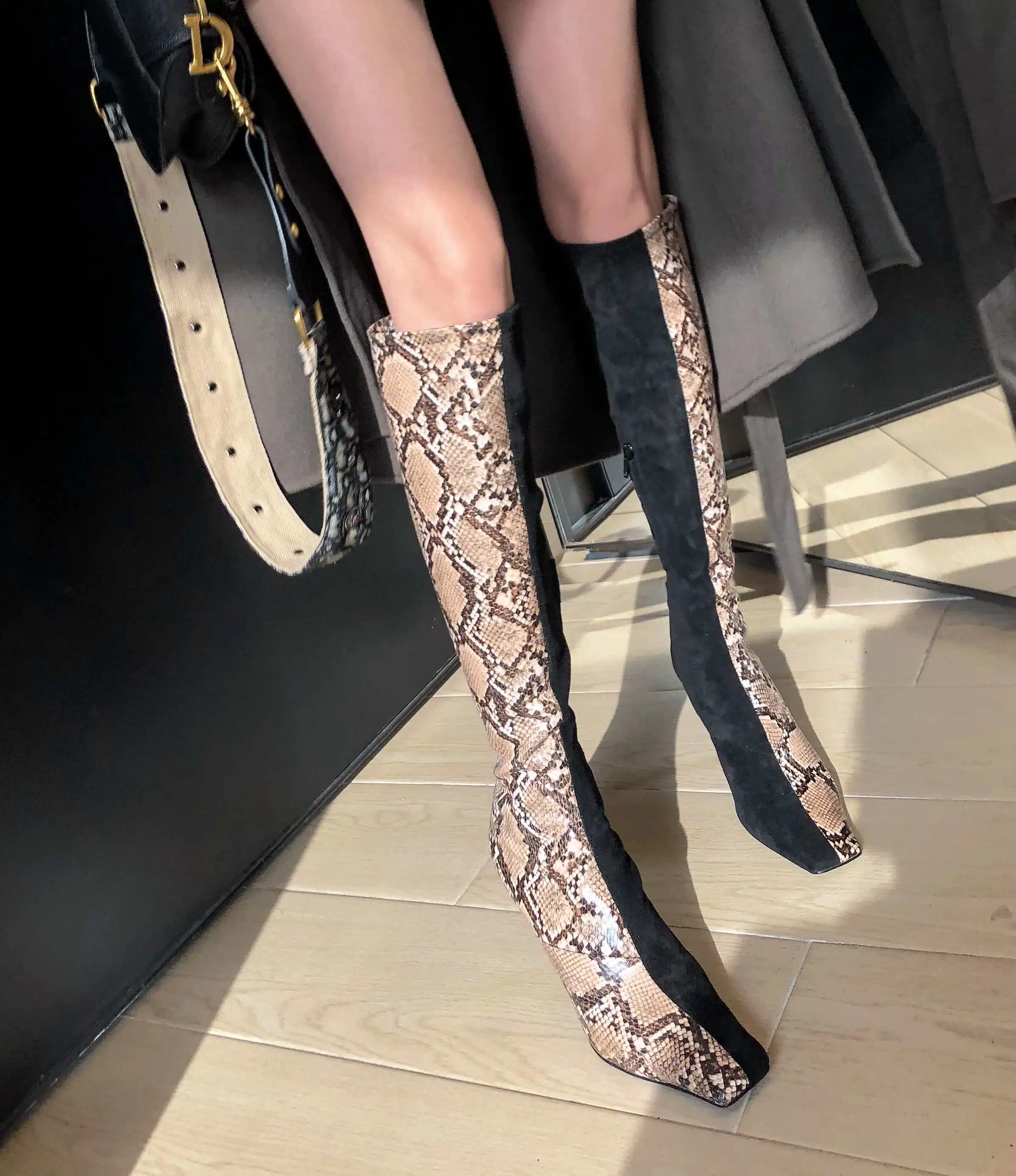 

Lenkisen European sexy snake thin high heels square toe stretch fabric mixed colors winter keep warm women knee high boots L15