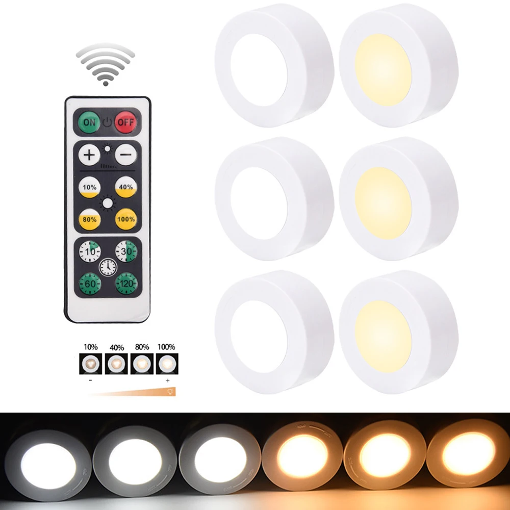 

Warm White+White Color Changing Dimmable Remote Control Puck Night Lights Touch Sensor LED Under Kitchen Cabinets Close Lights