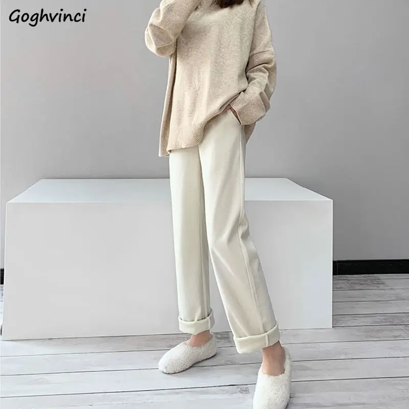 

Women Casual Pants Plus Thicker Warm Wide Leg Trousers Elastic Waist Winter Solid Korean Style All-match Chic Simple Elegant