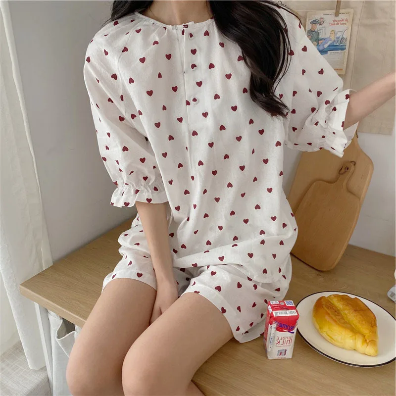 Pajama Women's 2021 Summer New Korean Cotton Little Love Cute Pullover Suit Leisure Home Clothes Female Sleepwear Lady Nightwear
