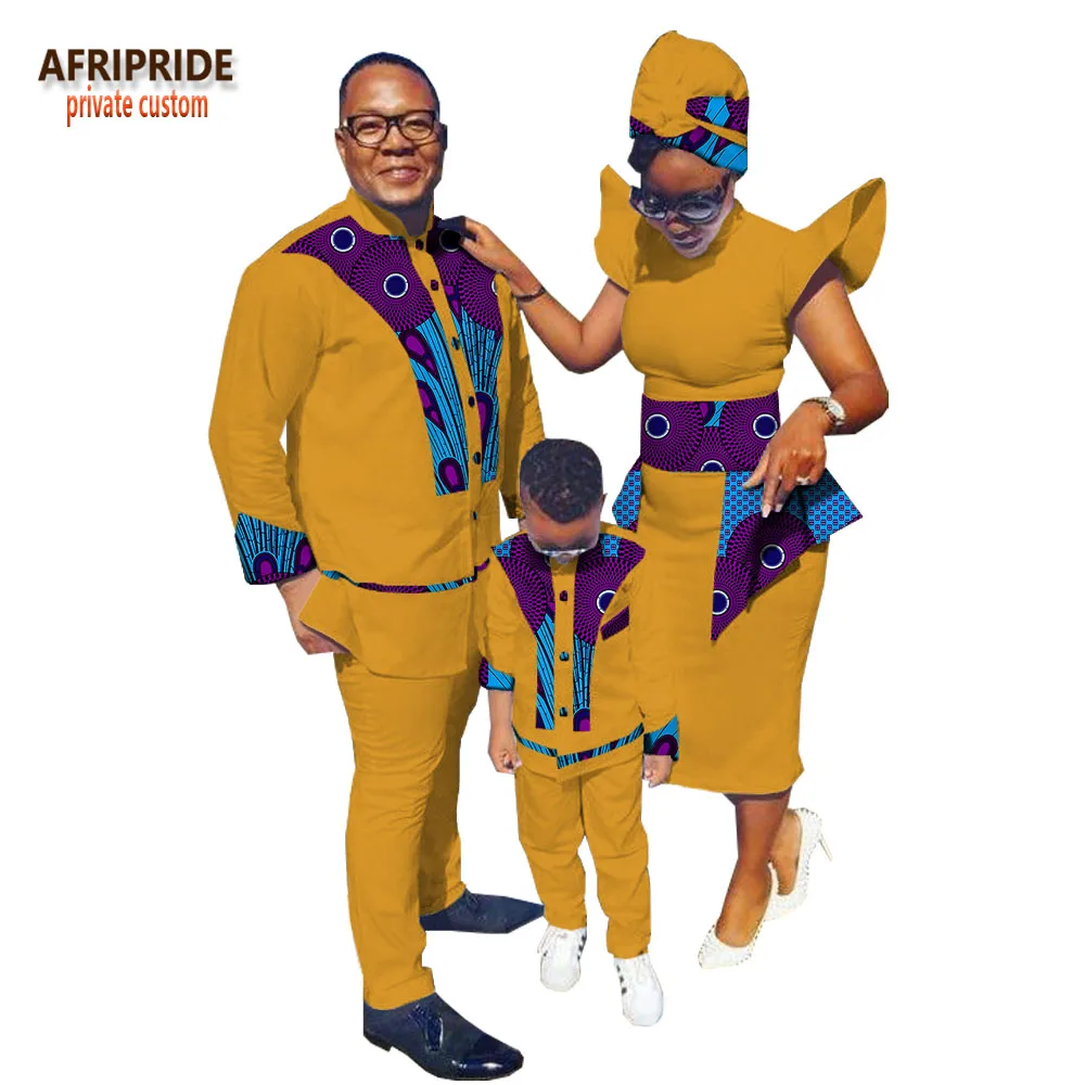 Семейная одежда с принтом в африканском стиле AFRIPRIDE, мужской костюм+ женское платье до середины икры с платьем и шарфом+ костюм для мальчиков Семейный комплект, A18F001 - Цвет: 550J