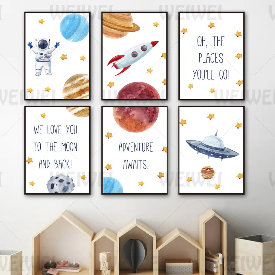 

Cartoon Cute Astronaut Home Decoration Small Planet Canvas Painting Spaceship Rocket Children's Room Decor Wall Art Posters