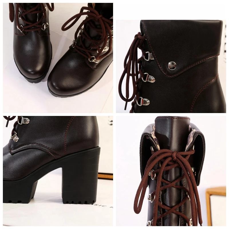 

REAVE CAT Woman Winter Ankle Boots Round Toe 9.5cm Square Heels Lace up Cross-tied Rivets Platforms Big size 34-43 Retro A2923