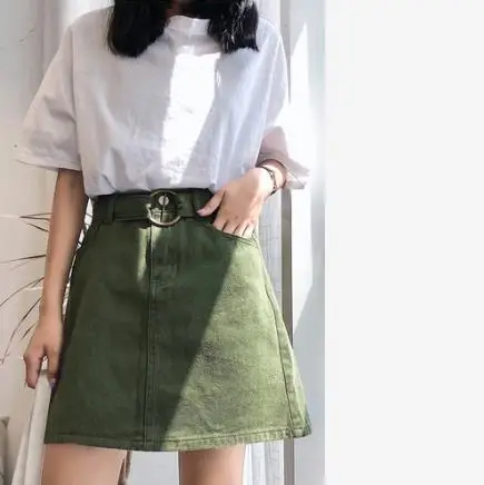 Яркие цвета летняя женская джинсовая юбка расклешенного силуэта с поясом