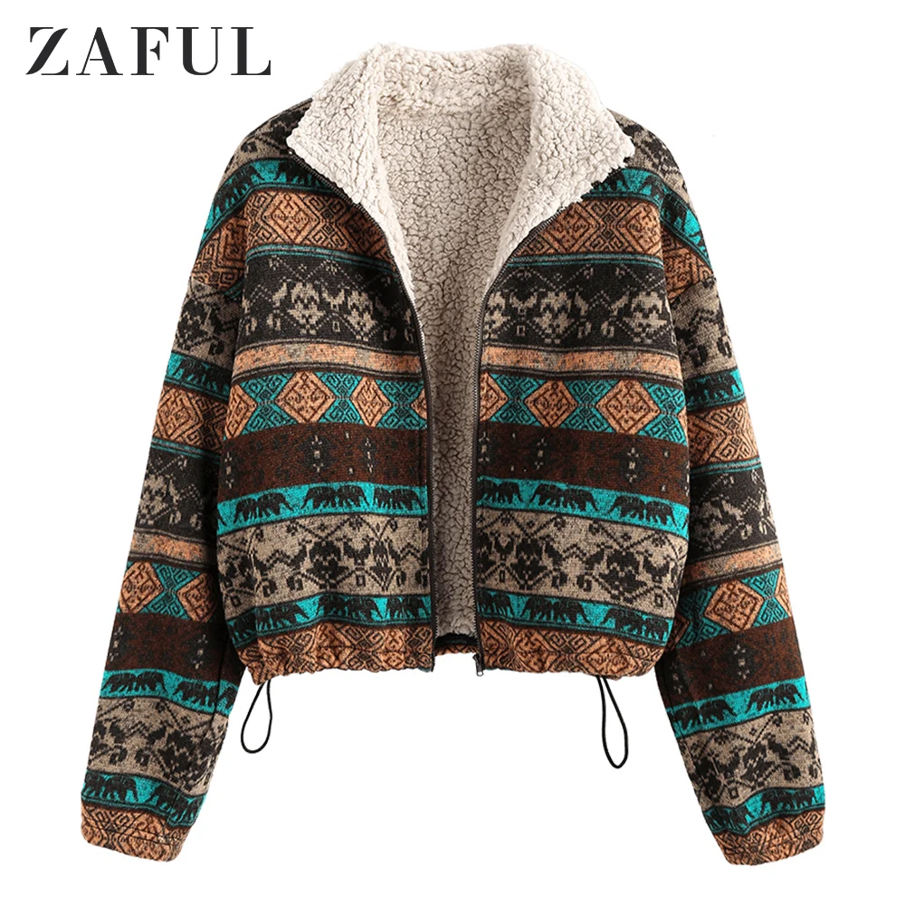 

ZAFUL Tribal Print Plaid Faux Fur Lined Jacket Women High Waist Hoodies Sweatshirts Autumn Spring Vintage Jackets Coats Outwear