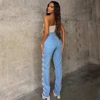 new 2022 spring sides lace up denim pants female high waist bandage straight slim jeans for women size s xl