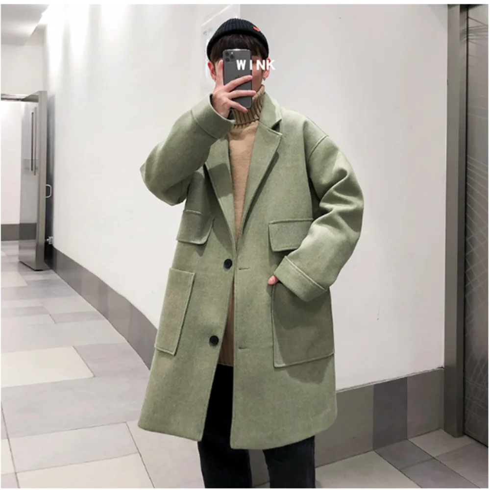 

Winter 2020 Men's Candy Mid Long Woollen Windbreaker Fashion Solid Color Casual Loose Fashion Warm Coat Size M-3XL