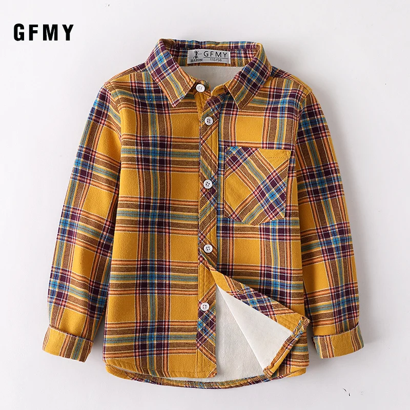 

GFMY 2019 Winter 100% Cotton Full Sleeve Fashion Plus velvet Plaid Boys Shirt 3T-12T Casual Big Kid Clothes Can Be a Coat