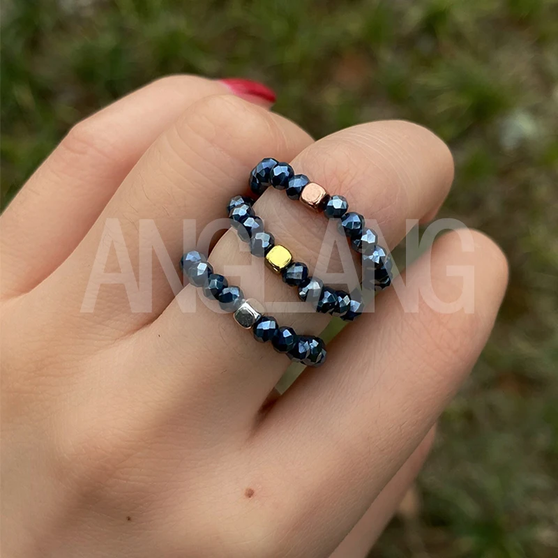 

3pcs/Set Natural Stone Crystal Handmade 3MM Faceted Round Beads Rings For Women Gold/ Silver Rosegold Wedding Ring Fashion Jewel
