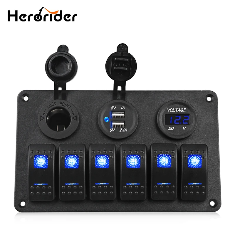 

Herorider 6 Gang 24V LED Rocker Switch Panel Circuit Breaker Charger Dual USB Socket Cigaretter Plug Voltmeter Car Auto Charger
