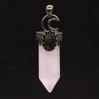 trendy beads silver plated crescent moon hexagon prism natural rose pink quartz pendant oval labradorite stone jewelry