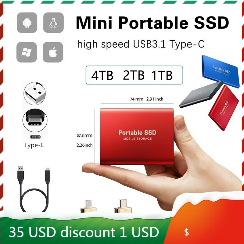 

Внешний жесткий диск USB 3,1 4 ТБ SSD, мобильный твердотельный жесткий диск для настольного компьютера, Портативный высокоскоростной накопитель...