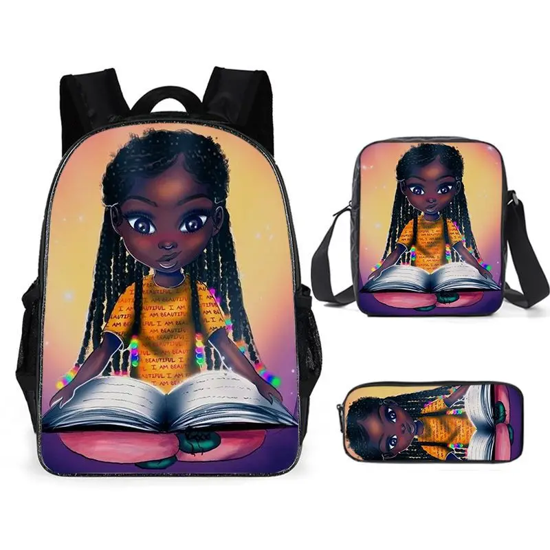 

Cartoon Characters African Girl Three Pieces Unisex School Travel Casual Student Backpacks Women Men Kids Shoulers Bags Bookbags