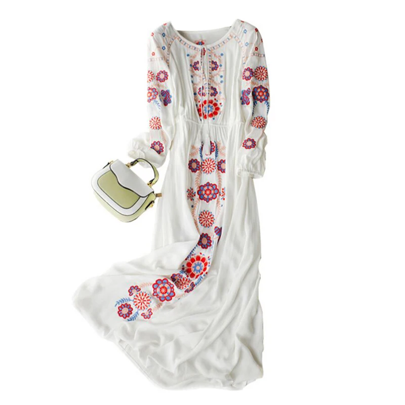 Женское льняное платье Bogeda белое Повседневное с вышивкой и длинными рукавами для