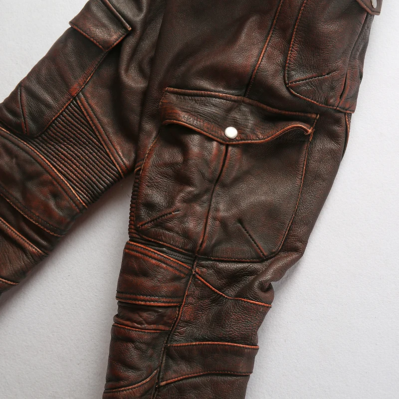 Фабрика новые мужские винтажные Серые Рабочие мульти-карманные коровья кожа мотоциклетные кожаные брюки модные плиссированные водитель, байкер Брюки