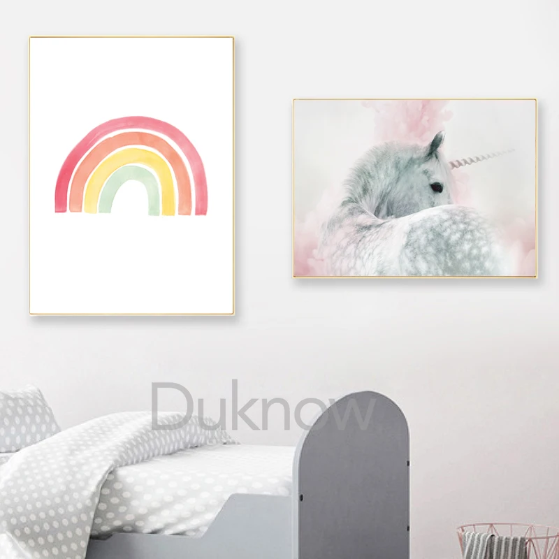 Девочки Спальня украшения Единорог Детская Wall Art печати и плакат розовой радугой