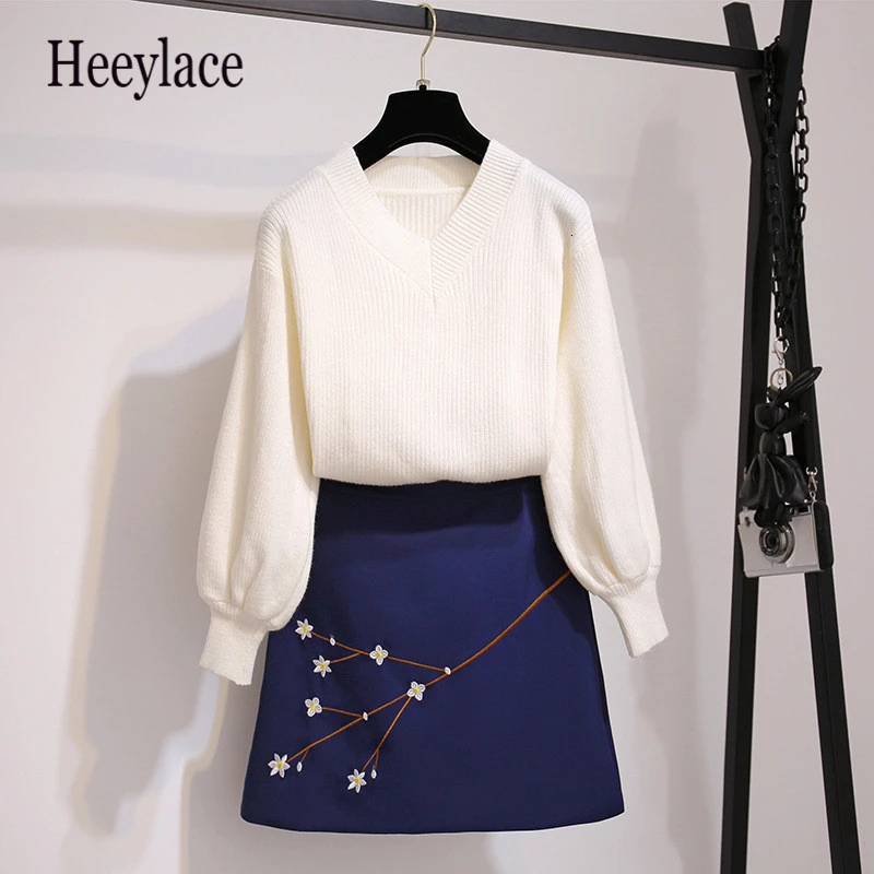 Осенний комплект из 2 предметов мини юбка белый вязаный свитер повседневный