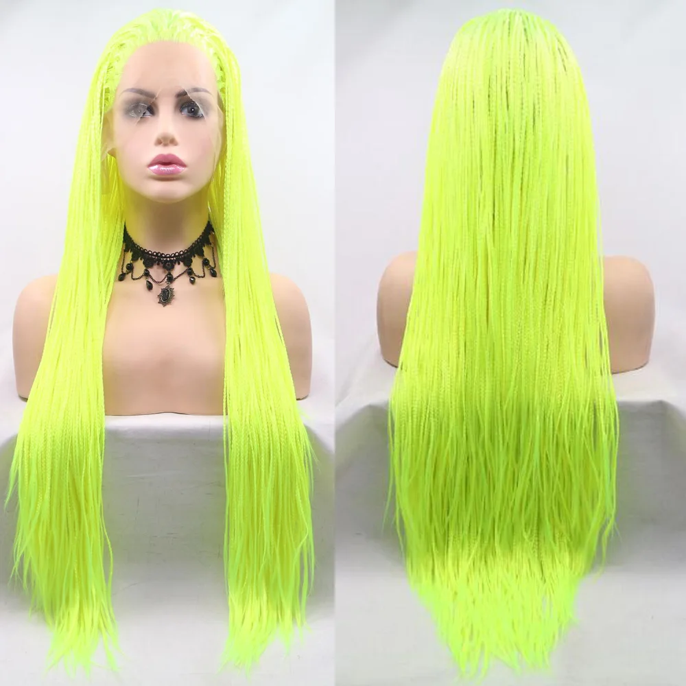 Neon Green 28 Inches Micro Box Braids Black Wig with Heat Resistant Fiber Mermaid Removable Braiding Synthetic Lace Front Wig