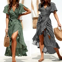 women summer floral print boho short sleeve wrap long midi dress party beach dresses personality fishtail sundress