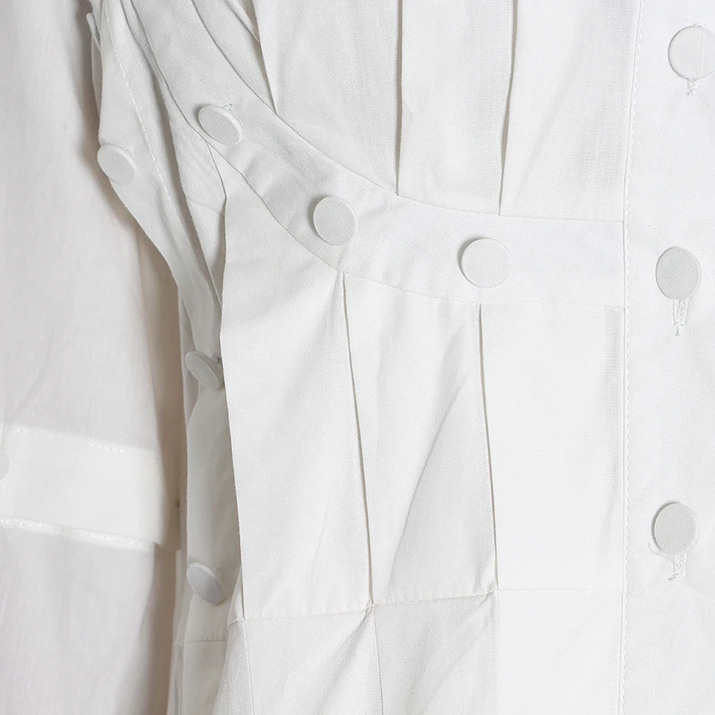 

VGH casual loose elegant dress for women stand collar long sleeve high waist button ruched dresses female fashion clothing style