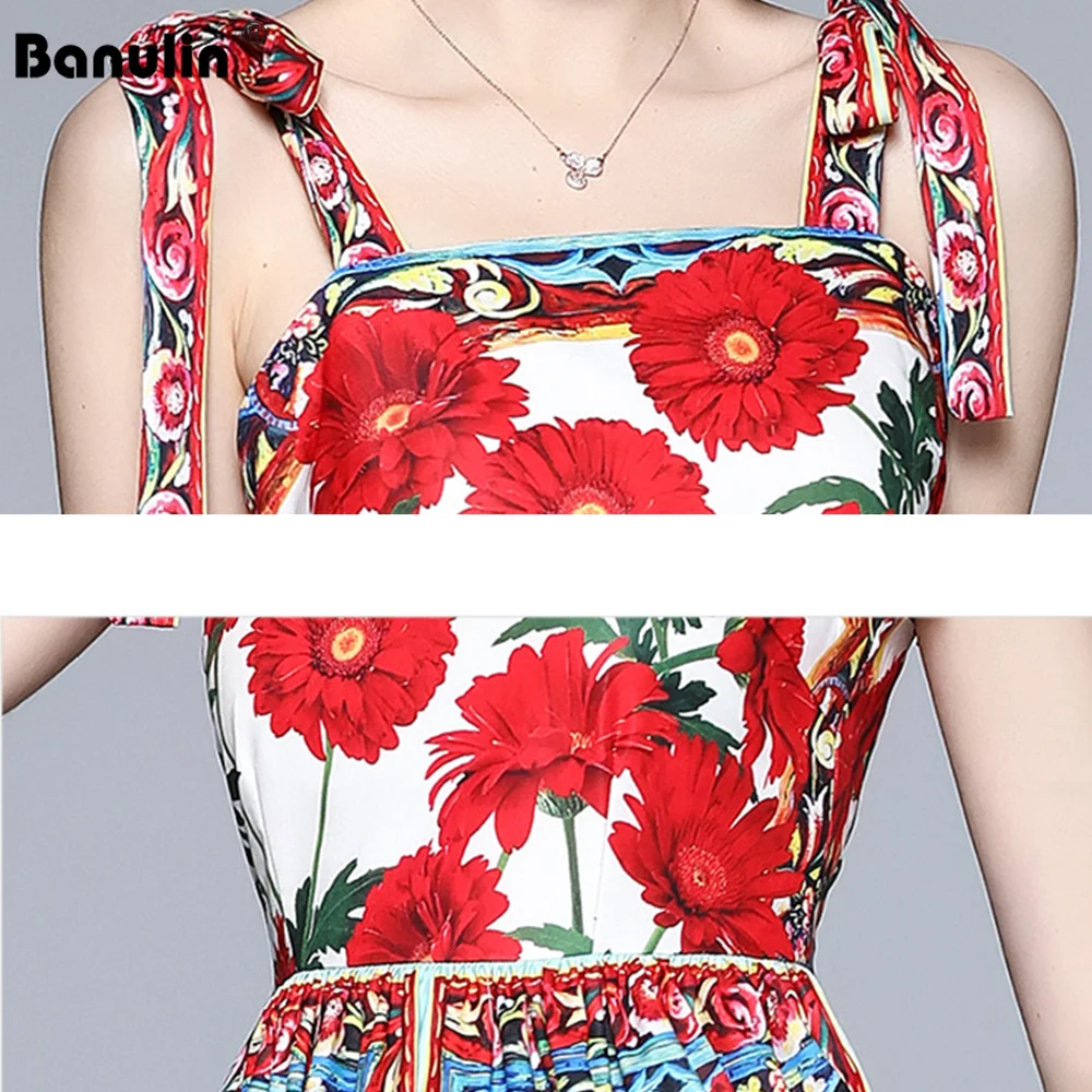 

Banulin Runway Dress Women 2021 Summer Bow Tied Spaghetti Strap Sleeveless Floral Print Slim Vintage Dress Female Vestidos