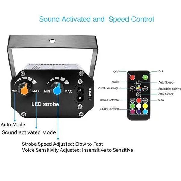 Стробосветильник 48 светодиодов 7 цветов с дистанционной звуковой активацией