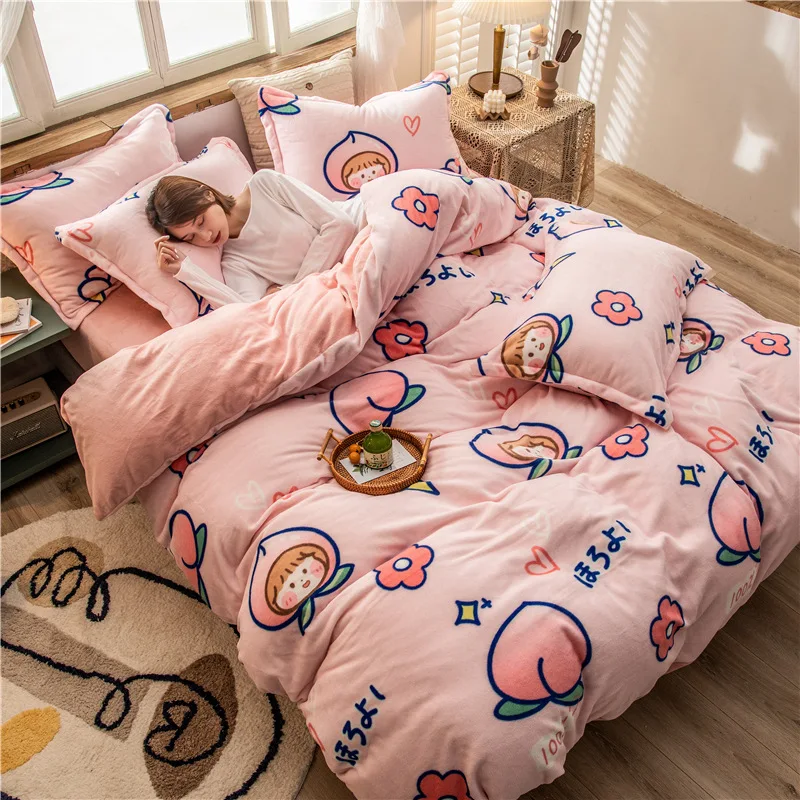 

Flannel Duvet Cover Set Winter Thickened Milk Velvet 4PCS Bedding Warm Flannel Sheet Gift Queen Size Comforter Sets