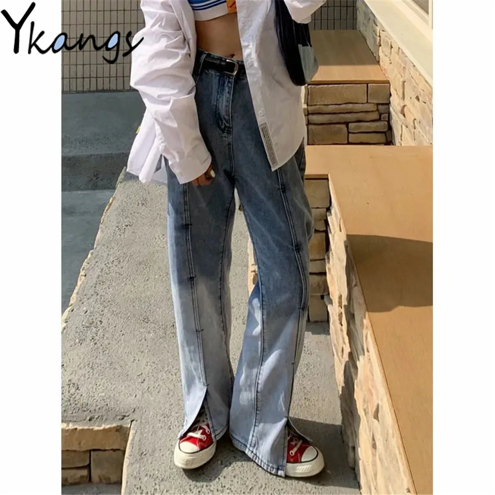 

Gradient Color Front Slit Desigual Stitching Loose Wide Leg Jeans High Waist Harajuku Streetwear Women Denim Pants Wild Trousers