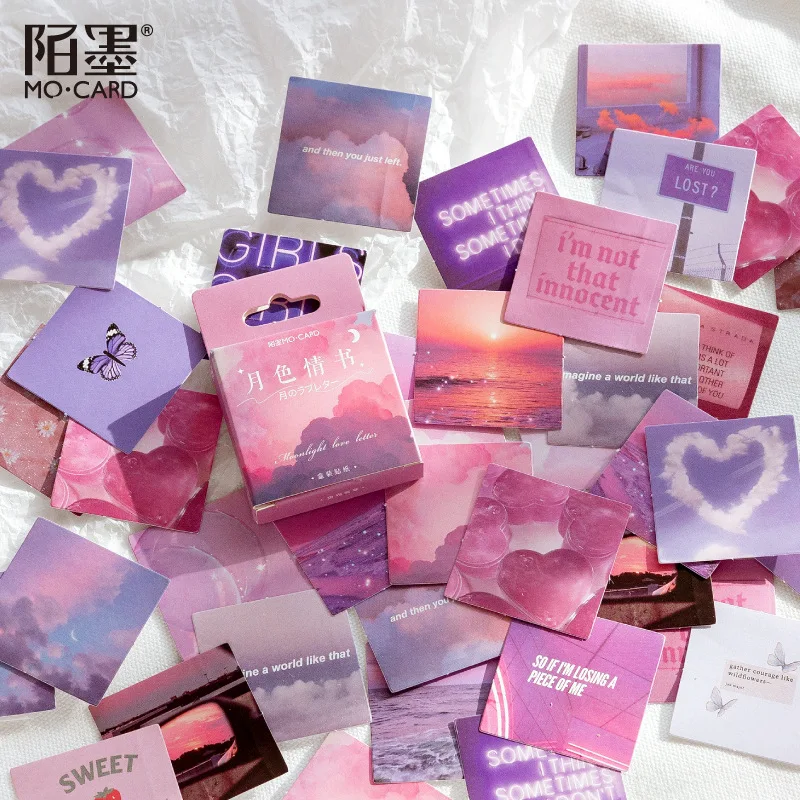 46 Pcs Moonlight Love Letter Pink Purple Love Material Sticky Diary Stickers Aesthetic Stationery Art Supplies Kawaii Stickers