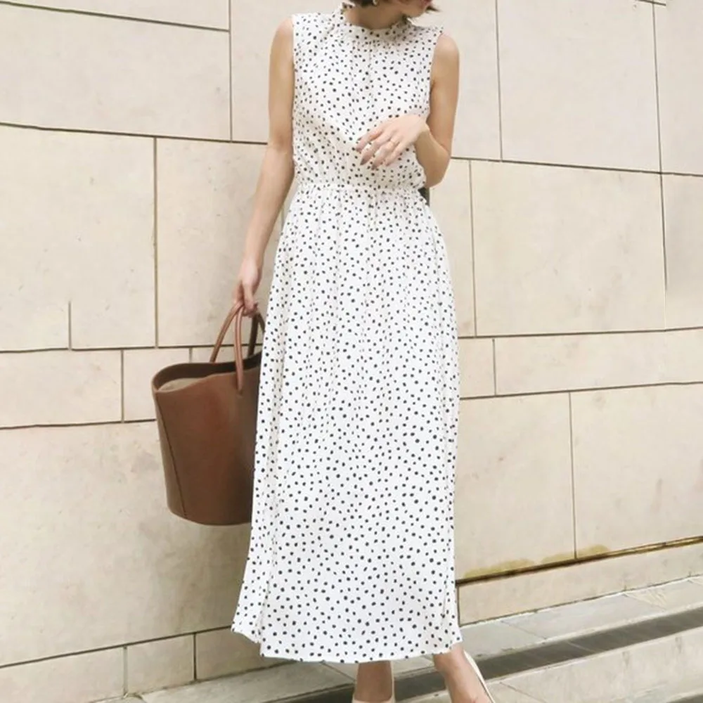 

Japan Korean Style Office Ladies Vintage Dress Polks Dots Print Summer Sleeveless Maxi Dress White Black Casual Long Robes