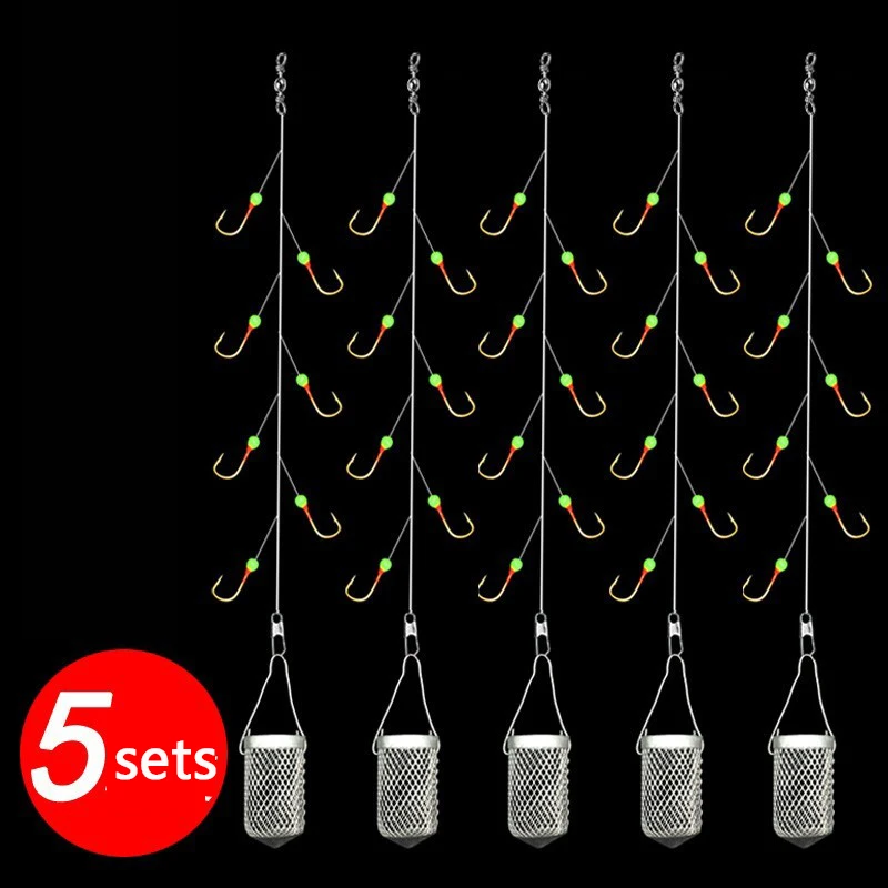 

5 Set/Lot Seven Hook White Bionic String Hook Set Combination White Light Golden Hook Barbed with Bait Cage Luminous
