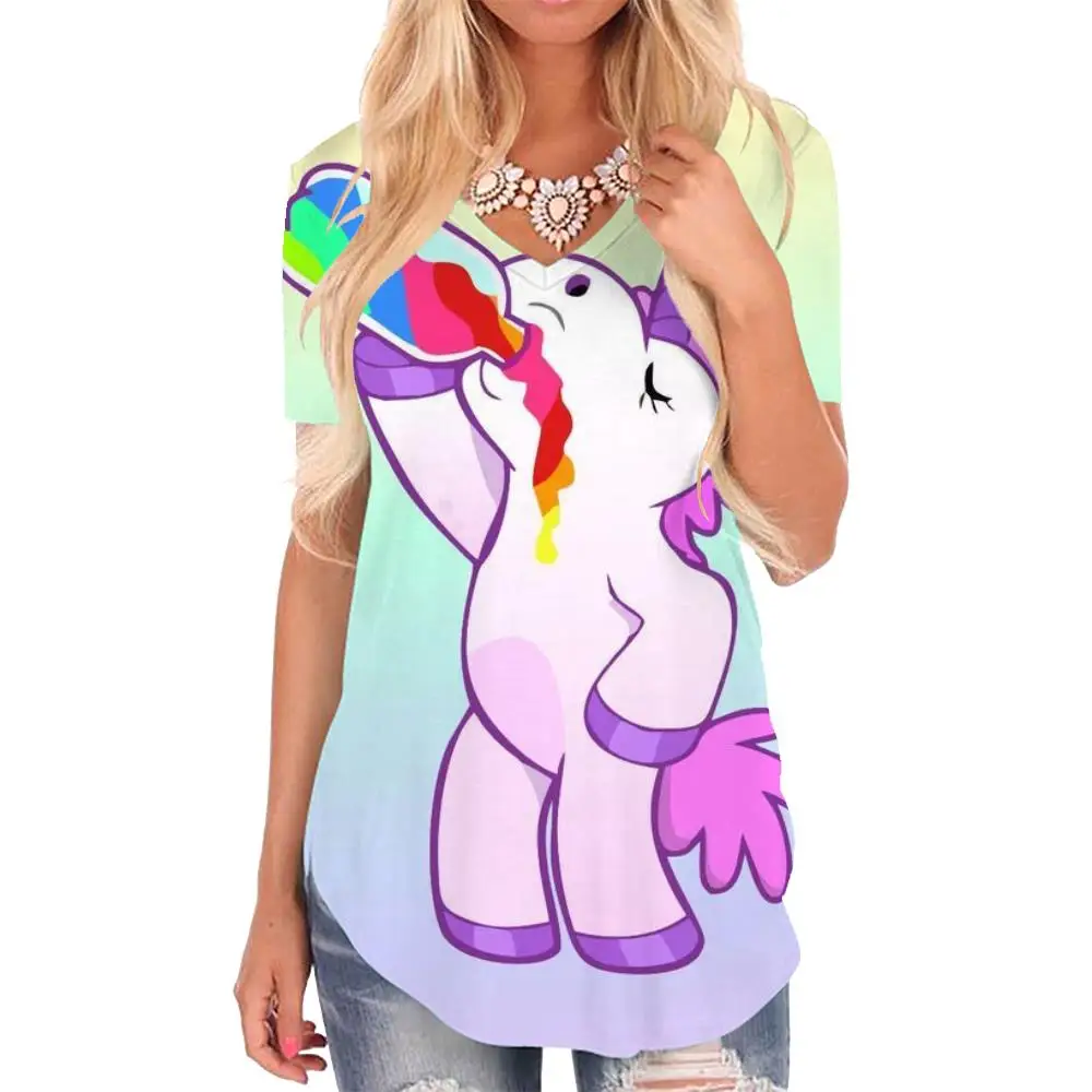 

Giyu Brand Unicorn T Shirt Women Animal T-shirts 3d Rainbow Tshirts Printed Gradient V-neck Tshirt Womens Clothing Punk Rock