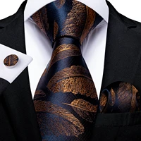 8cm fashion gold feather print mens silk ties handkerchief cufflinks set business party necktie gravatas gift for men dibangu