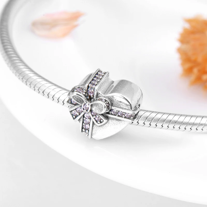 Женский браслет из серебра 925 пробы с розовым бантом и фианитом | Украшения