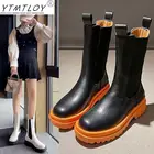 Женские модные оранжевые ботильоны на толстом каблуке Женская обувь Осенние брендовые дизайнерские ботинки челси женские ботинки на платформе