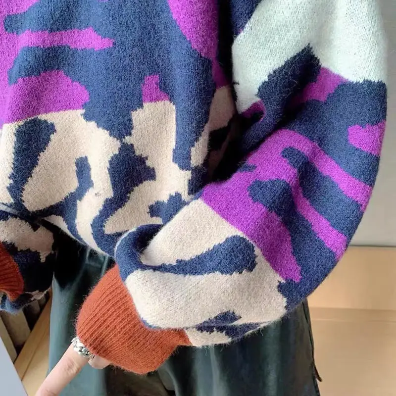 

Women Pullovers Sweater Leopard Patchwork Sexy Crop Top Outwear Warm O-Neck Long Sleeve Females Leisure Loose Cool Personal