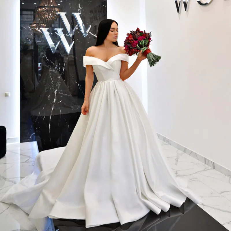 Простое Белое Атласное блестящее бальное платье с открытыми плечами свадебные