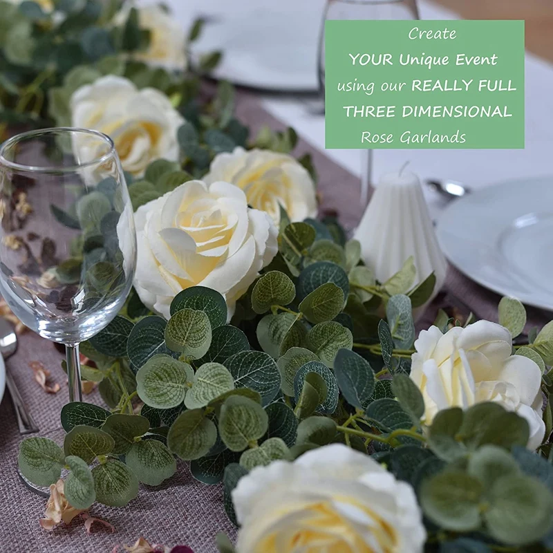 Искусственный эвкалипт гирлянда с цветами розы цвета шампанского длинная