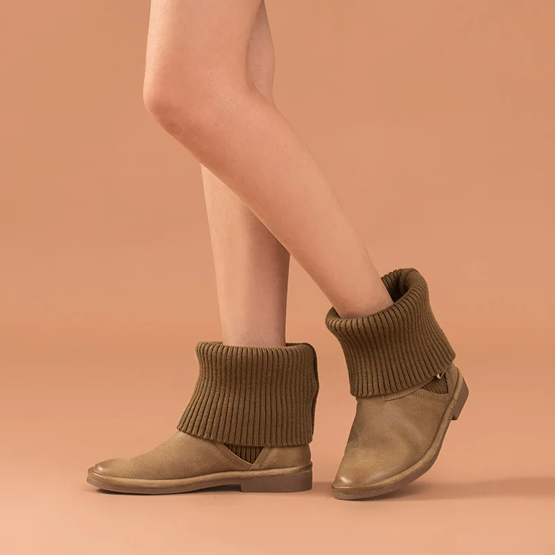 Ботинки женские до середины икры из натуральной коровьей кожи с круглым носком и