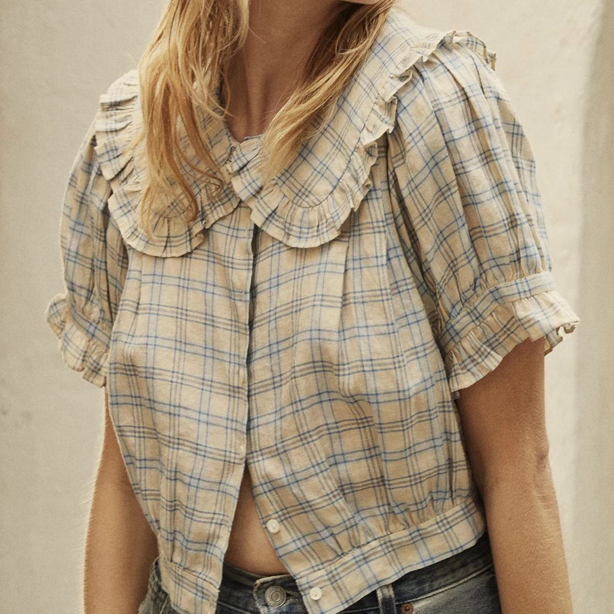 

Sweet Short Blouse Puff Sleeve Peter Pan Collar Ruffle Shirts Tops Summer Street Crop top Clothing Plaid Vintage Cotton Blouses