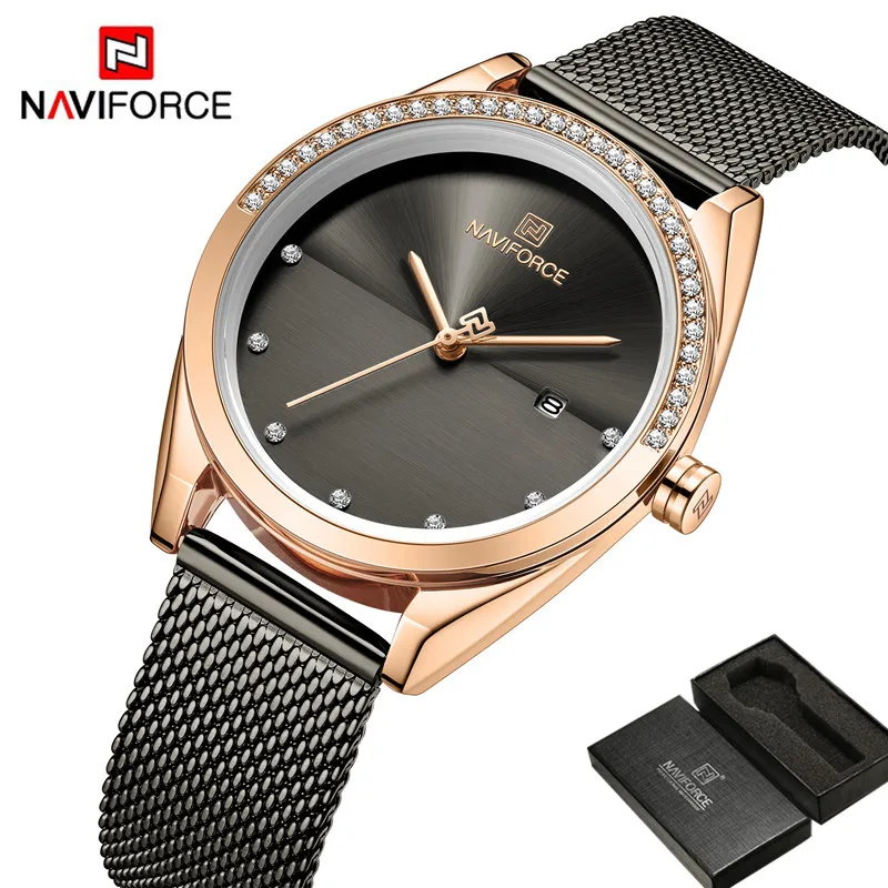 Часы наручные NAVIFORCE женские черные брендовые Роскошные с сетчатым браслетом из