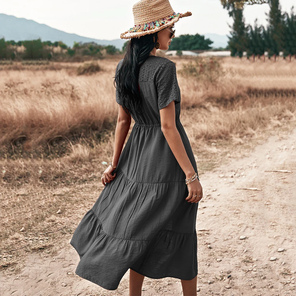 

Women's Short Hollow Sleeve Dress V-neck Waist Drawstring Design High Waist Loose Flowy Splitting Swing Dress for Summer LXH