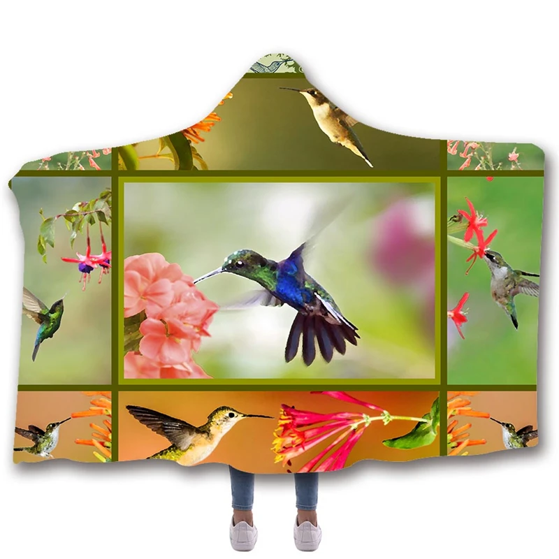 Флисовое одеяло с капюшоном и принтом птиц Двухслойное бархатное декоративное