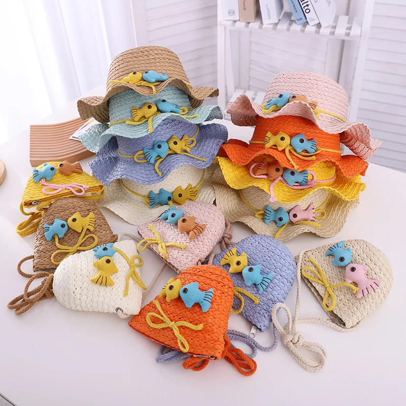 

2pcs Cute Fish Children Sun Hat Cartoon Messenger Bag for Boys Girls Straw Summer Panama Hat Beach New Mini Shoulder Bag for Kid