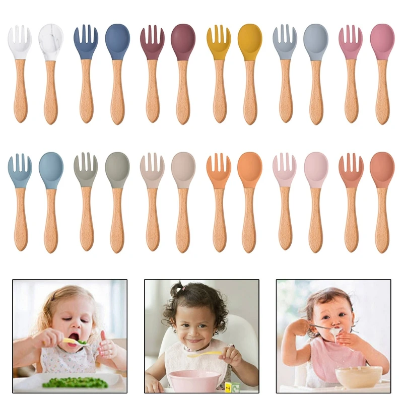 

2Pcs Silicone Tips Baby Feeding Training Spoon and Fork Set with Wooden Handle Toddlers Infant Eat Independent Accessory